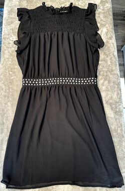 Michael Kors Black Chiffon Flutter Sleeve Studded Waist Dress Womens Size M
